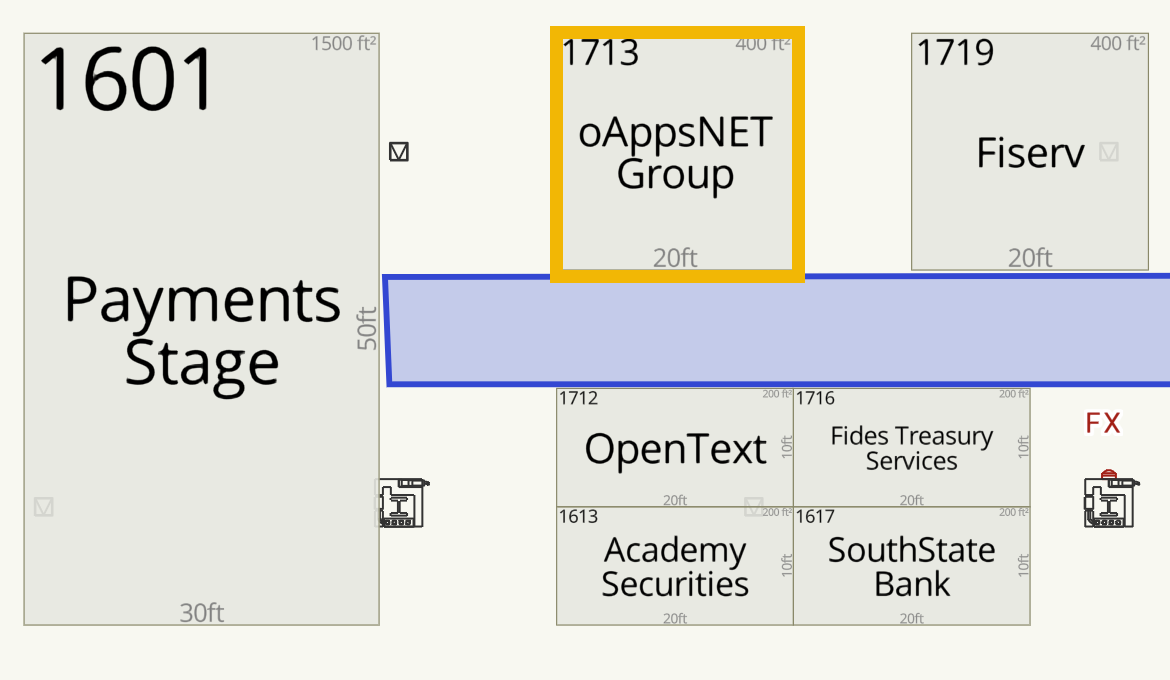 Floor plan: oAppsNET booth 1713, across the aisle from the Payments Stage (1601), next to Fiserv (1719)
