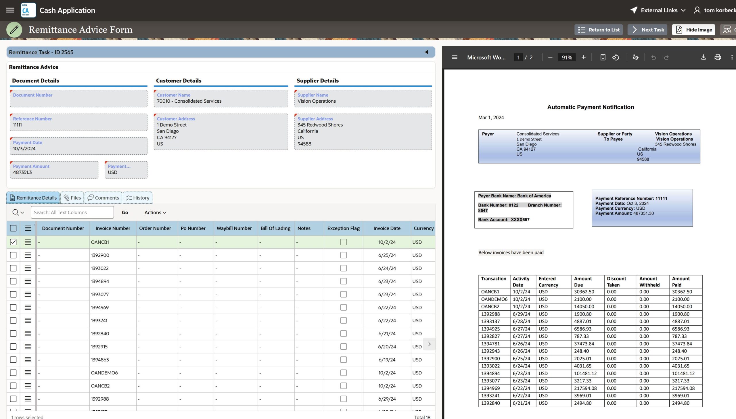 OAN Cash Application Remittance Matching