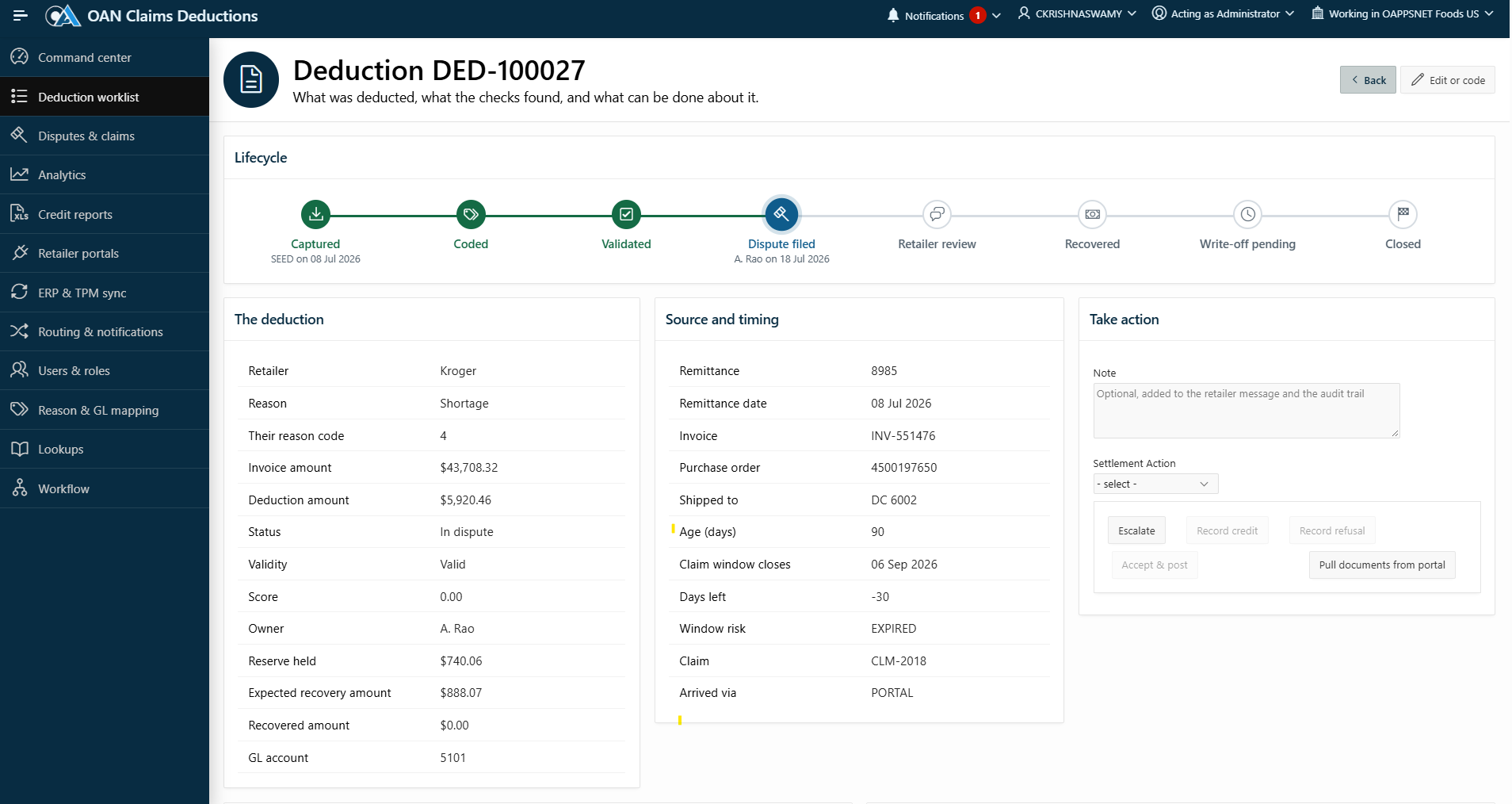 OAN deduction record with lifecycle, source and settlement actions
