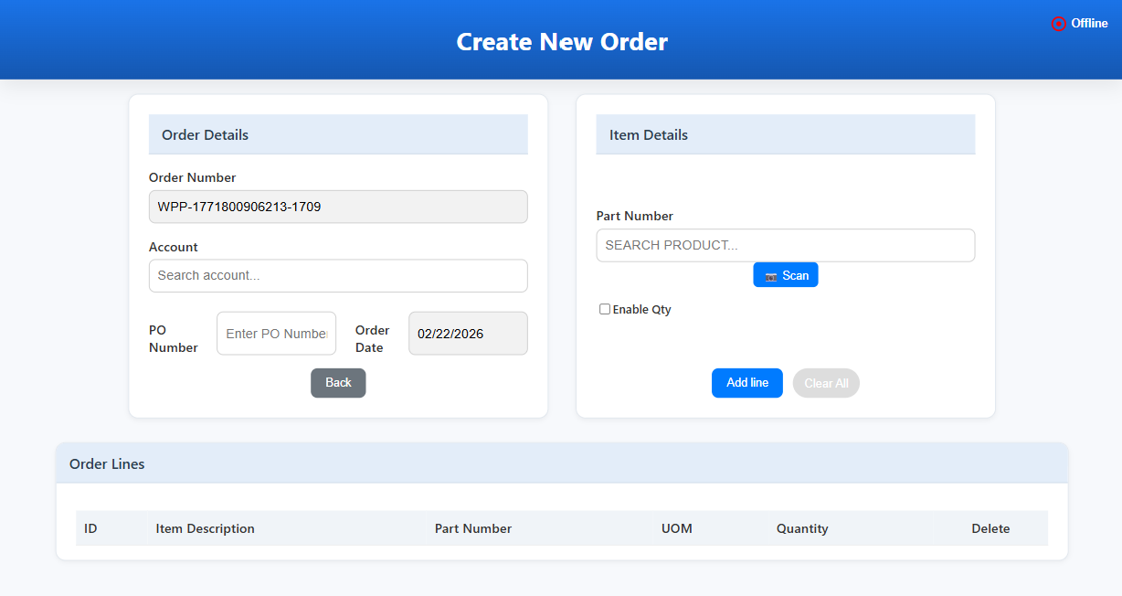 OAN eCommerce Light create order screen working offline