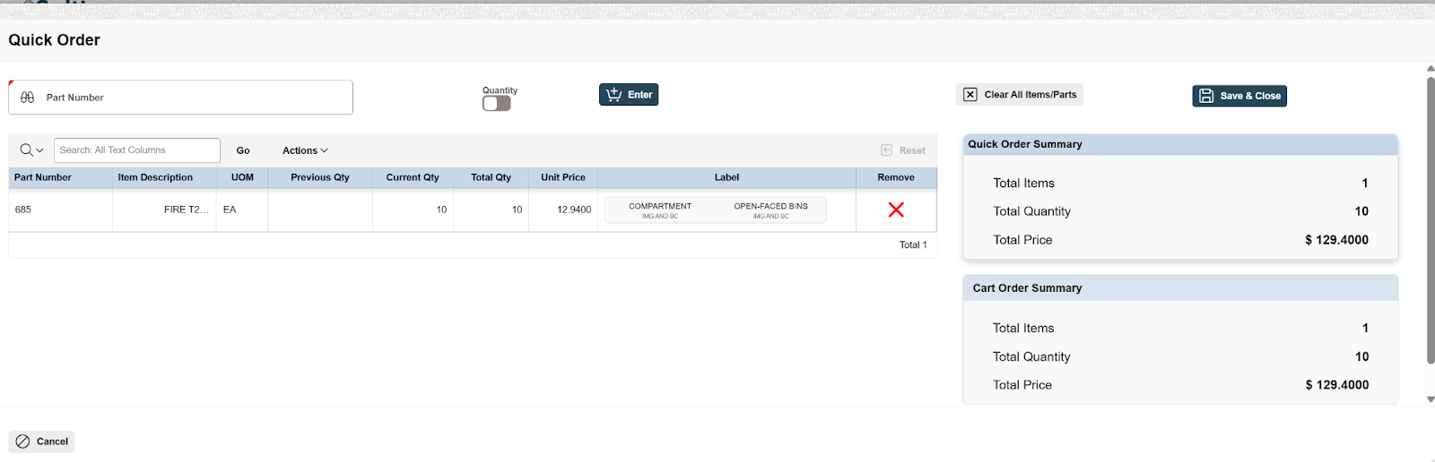 OAN eCommerce Light quick order screen